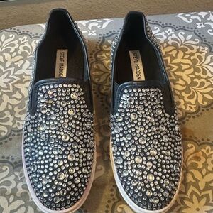 Steve Madden Black Rhinestone Embellished Slip-Ons